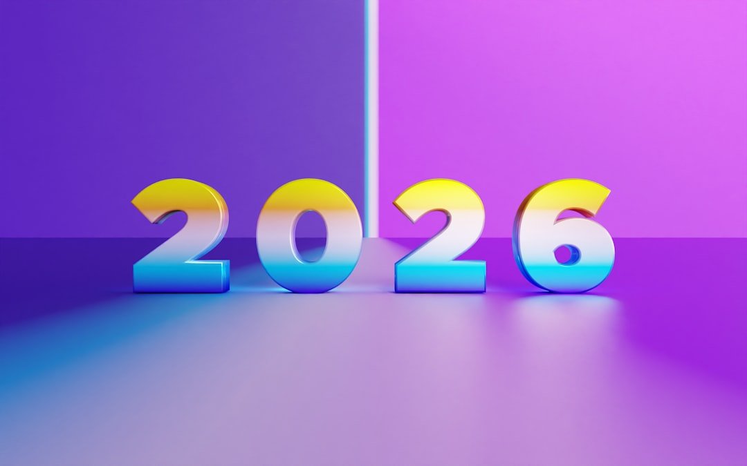 The year 2026 in colorful 3D numbers.
