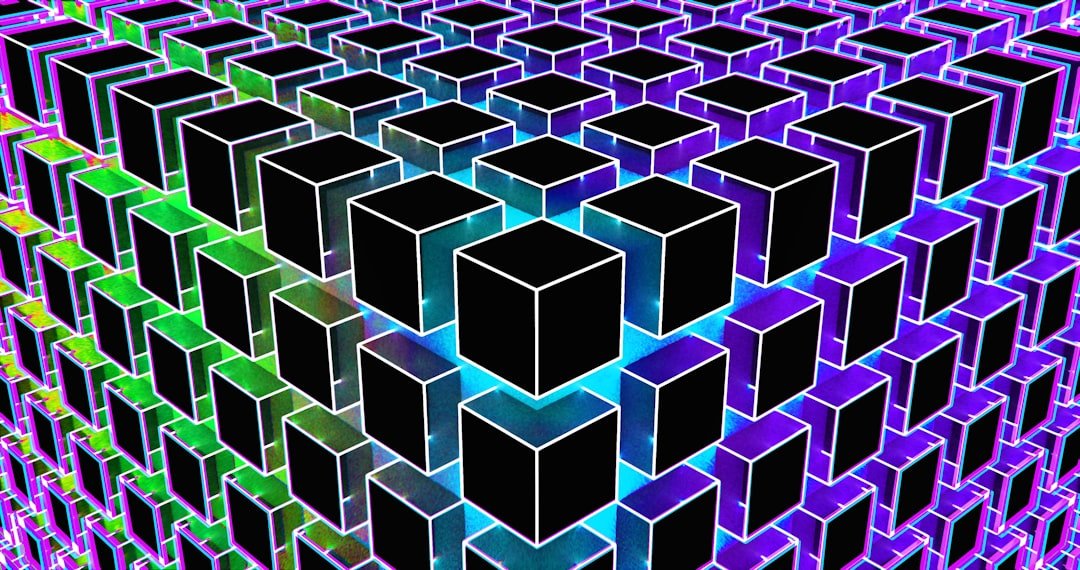 Abstract cubes with glowing edges and a rainbow hue.