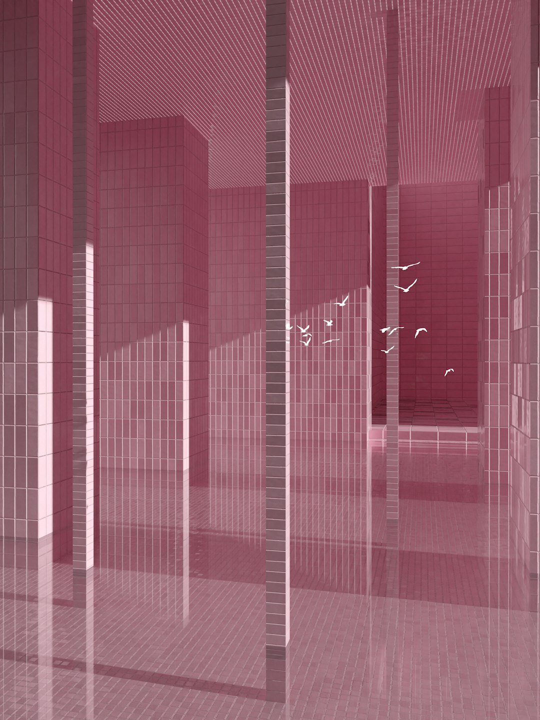 a room with pink walls and tiled floors